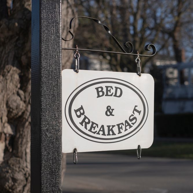 Bed,And,Breakfast,Sign,In,Tourist,Town.,Selective,Focus,,Blurred